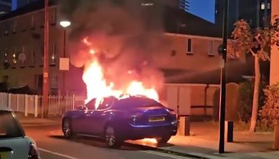 Moment luxury Maserati goes up in flames in London's Isle of Dogs