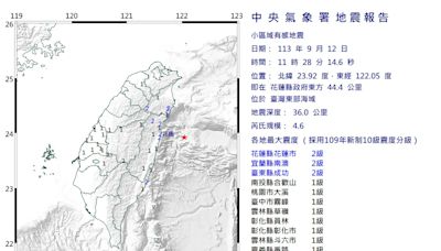 快訊/地牛翻身！11:28東部海域規模4.6地震 最大震度2級「9縣市有感」