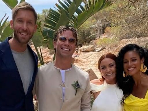 Vick Hope stuns in canary yellow as she and husband Calvin Harris attend BBC Radio 1 DJ Arielle Free's wedding to George Pritchard in Ibiza