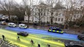 Ukraine flag stunt outside Russian embassy in London on eve of invasion anniversary leads to four arrests