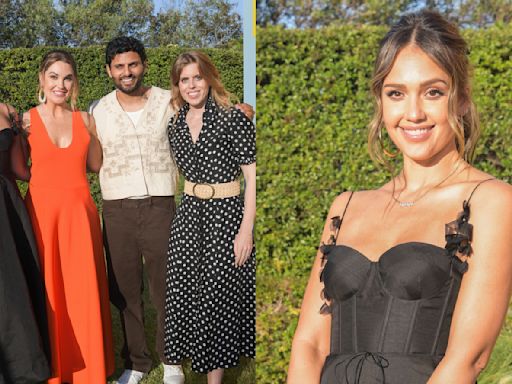 ...Favors Romantic Embellishments in Zimmermann Corset Dress Alongside Princess Beatrice in Polka Dots at Spotify Party in Cannes