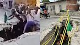 Shocking moment motorcyclist and woman fall into sinkhole in street