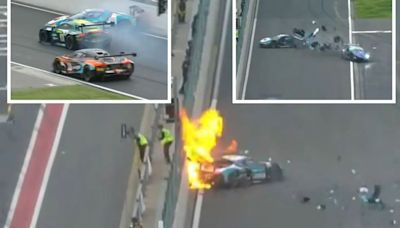 Horror 125mph crash sees race car burst into flame after rival smashes into him