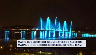 Mario Cuomo Bridge lit up with Albertus Magnus HS colors to celebrate championship