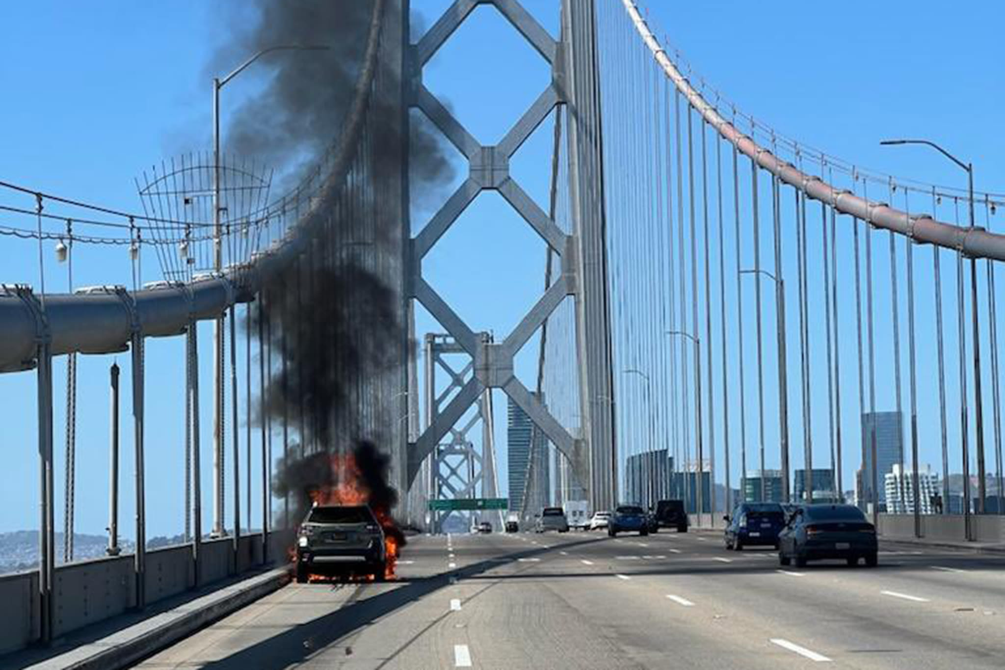 Car catches fire on westbound Bay Bridge, creating traffic jam