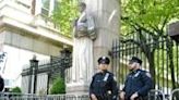 Police guard the gates of Columbia University in New York City after clearing the protest encampment there overnight