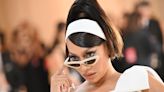 La La Anthony Elevates ’60s Dressing in One-shouldered Sergio Hudson Gown with Bead Embellished Cat-eye Sunglasses to 2023 Met Gala
