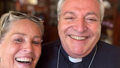 Sharon Stone visits Rome church with her 'dear friend Padre Guilio'