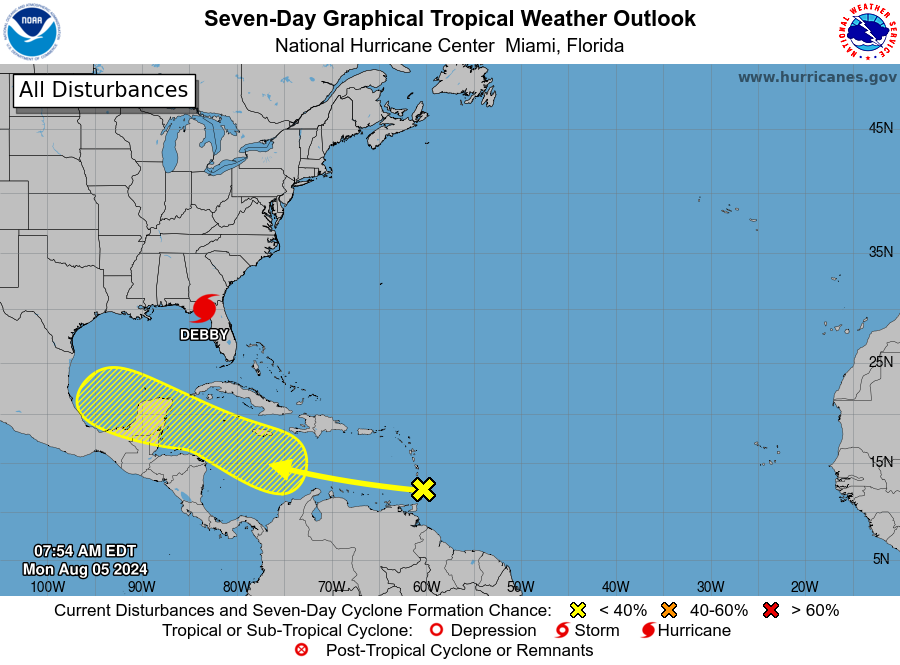 After Debby landfall, new tropical wave moving into Caribbean Sea. Chances for development low for now