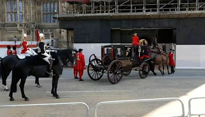 Startled horse drawing carriage with ceremonial mace inside jumps up