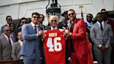 Travis Kelce Tries to Take the Podium as Kansas City Chiefs Celebrate Super Bowl Win at the White House