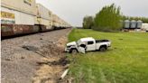 Man injured in train versus pickup crash