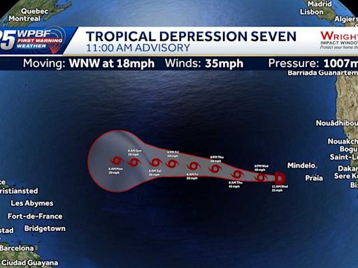 National Hurricane Center tracking Tropical Depression Seven over eastern Atlantic Ocean