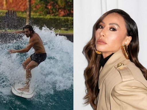 Sabrina Sato elogia o namorado, Nicolas Prattes, surfando sem camisa: 'Que delícia'