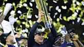 Head coach Jim Harbaugh of the Michigan Wolverines celebrates after defeating the Washington Huskies during the 2024 CFP National Championship game at NRG...