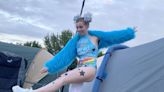 VIDEO: A 24-year-old teams summer festival furry coat and bikini with walking stick and two stoma bags to celebrate surviving bowel cancer