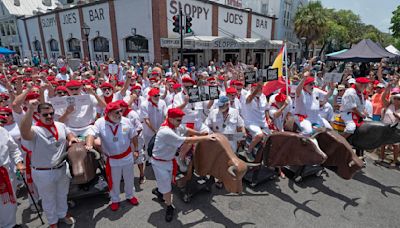 Hemingway look-alikes state "Running of the Bulls" spoof in Key West