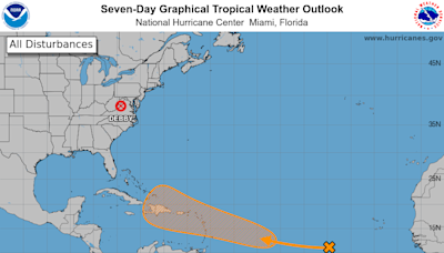 National Hurricane Center tracking tropical wave showing potential for development. Debby weakens