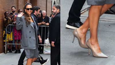 Jessica Alba Rewears Patent Leather Jimmy Choos With Gray Suit for ‘The View’ Appearance