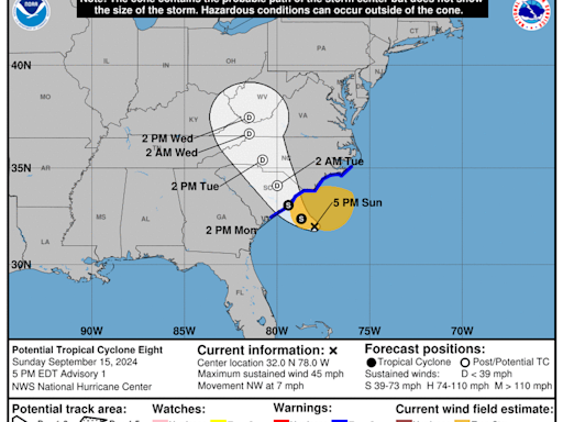 Tropical storm aims for the Carolinas. Heavy rain, gusty winds expected Monday