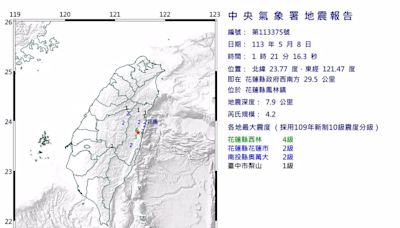 花蓮凌晨01：21規模4.2「極淺層地震」 最大震度4級