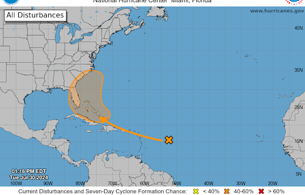 National Hurricane Center tracking system with 60% chance of developing. See Florida impact