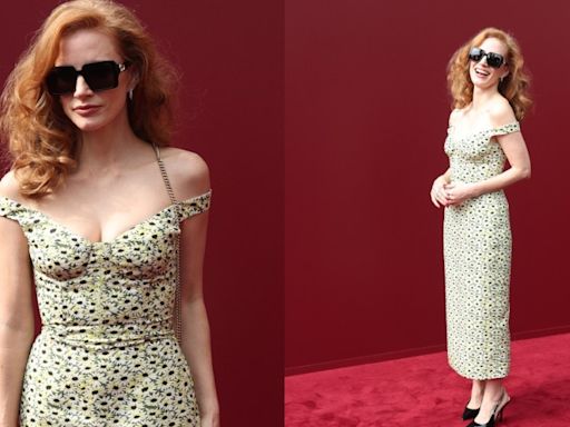 Jessica Chastain Makes a Vibrant Arrival in Floral-print Gucci Dress at Spring 2025 Milan Fashion Week Show