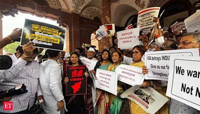 INDIA bloc MPs protest over 'discrimination' against opposition-ruled states in Union Budget