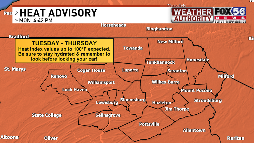 Heat Advisory issued for Tuesday, June 18 - Thursday, June 20 in central & northeast PA