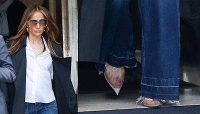 Jennifer Lopez Casually Sports Stuart Weitzman PVC Pumps While Walking Through the Streets of Paris