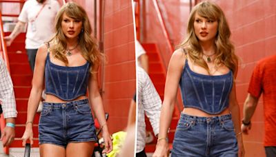 Taylor Swift rocks denim corset and thigh-high red boots to cheer on Travis Kelce and Kansas City Chiefs