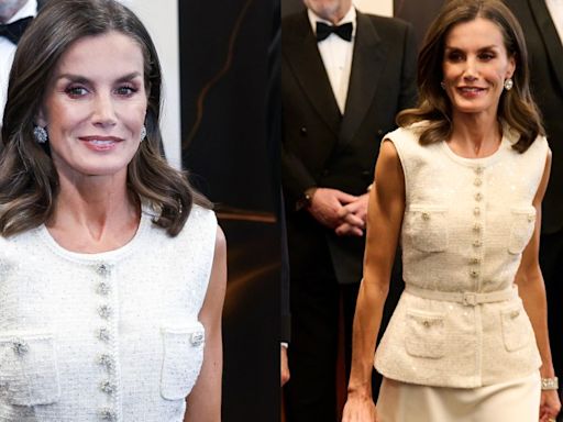 Queen Letizia of Spain Favors Sparkling Diamanté Details in Self Portrait Midi Dress for Journalism Awards Ceremony Alongside...