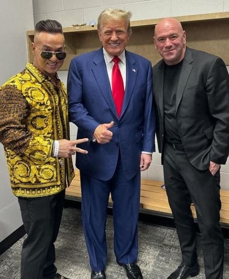 Donald Trump poses with 'Jersey Shore' stars Mike the Situation and Vinny at UFC 302