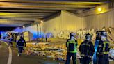 Escena inédita en Madrid: la carretera R-4 se ‘inunda’ de jamones tras un accidente