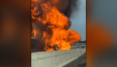 VIDEO: Towering fire erupts on N.J. highway, Route 3 closed