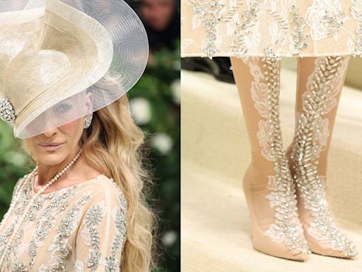 Sarah Jessica Parker Channels Carrie Bradshaw in Patent Blush Shoes and Sheer Tights for Met Gala 2024 Red Carpet