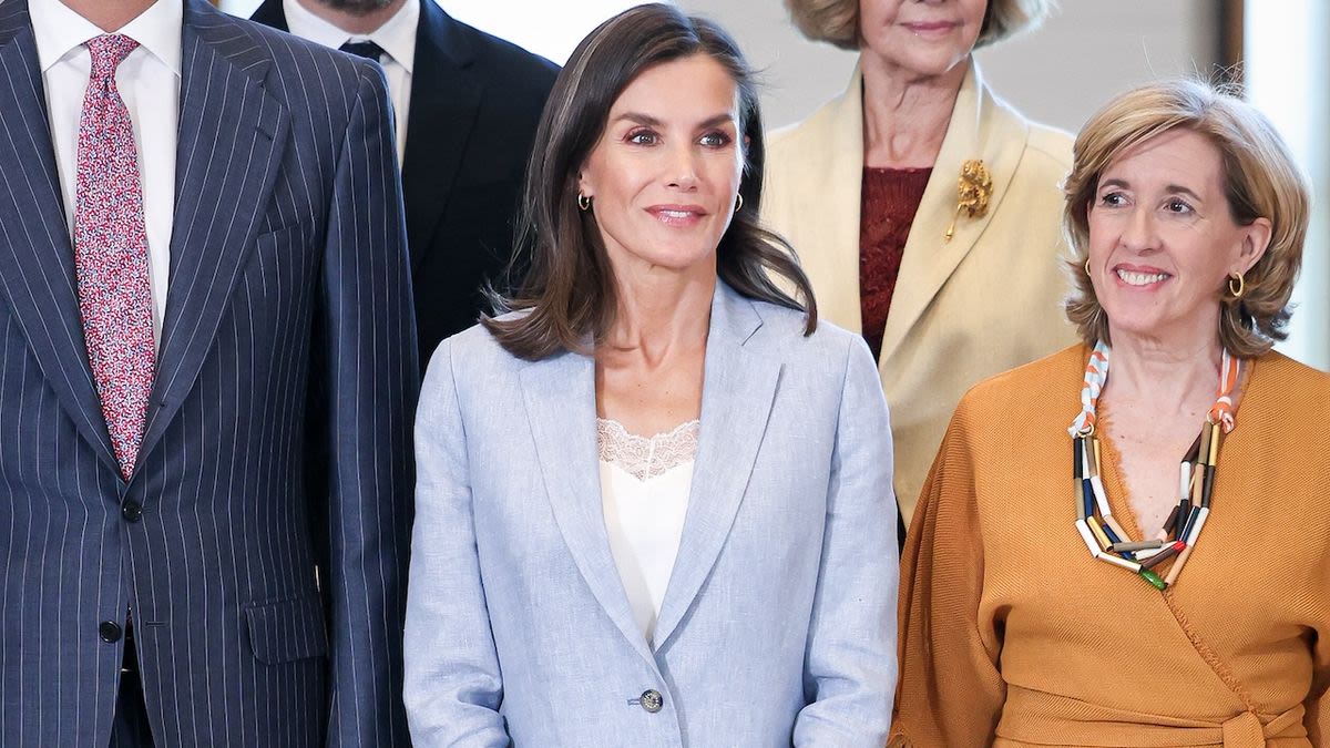 Queen Letizia Nails Summer Power Dressing in a Blue Suit and Affordable Sneakers