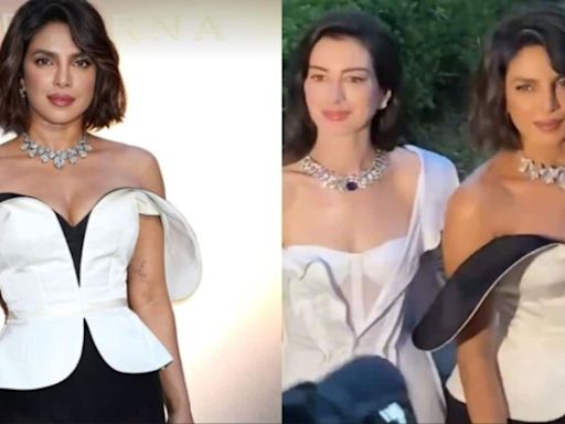 Priyanka Chopra sports new hairdo at Bvlgari event, poses with Anne Hathaway. See her pics in ivory-black outfit