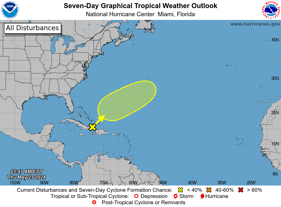 National Hurricane Center showing tropical disturbance southeast of Florida