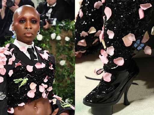 Cynthia Erivo Wears Black Patent Leather Thom Browne Platform Shoes for Met Gala 2024 Red Carpet