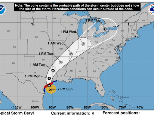 Tropical Storm Beryl is on a path to hit the Texas coast as a hurricane Monday