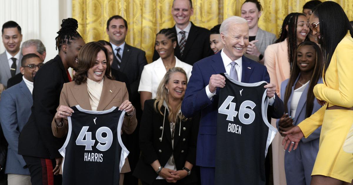 ... Kamala Harris are presented jerseys as they welcome the Las Vegas Aces to...season and victory in the 2023 WNBA Finals in the East Room at the White House in Washington...