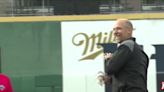 MLB Hall of Famer John Smoltz throws out the first pitch at the Lansing Lugnuts game