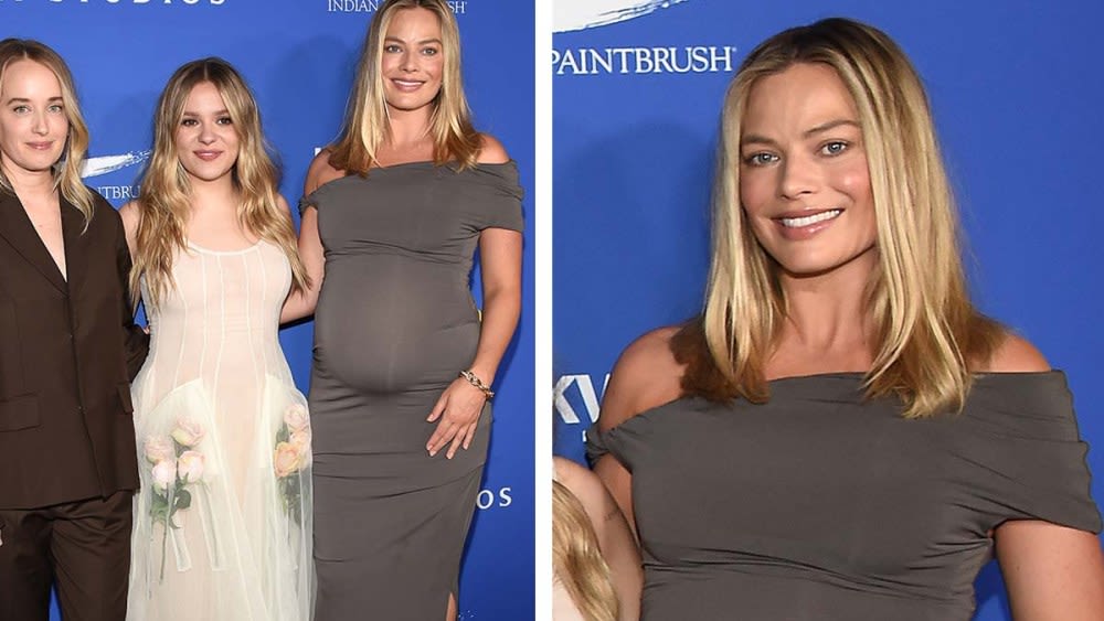 Pregnant Margot Robbie Favors Contemporary Maternity Style in Twisted-shoulder Bodycon Dress at ‘My Old Ass’ Screening With...