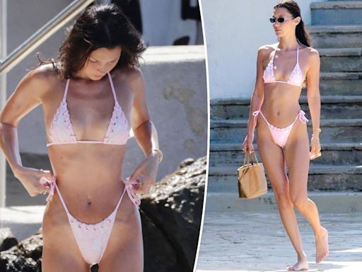 Bella Hadid is all laced up in itty-bitty pink bikini in Cannes
