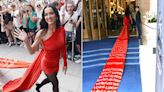 Katy Perry Takes on Paris in Red-Hot Minidress with Mega Train Featuring Lyrics from Her New Single