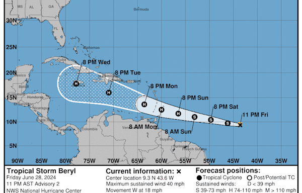 Tropical Storm Beryl forms in Atlantic, could be hurricane by Sunday