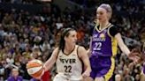 Caitlin Clark of the Indiana Fever drives to the basket against Cameron Brink in the Fever's WNBA victory over the Los Angeles Sparks