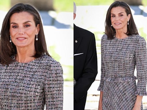 Queen Letizia of Spain Dons Tweed Midi Dress With Frayed Details for Literature Awards Event