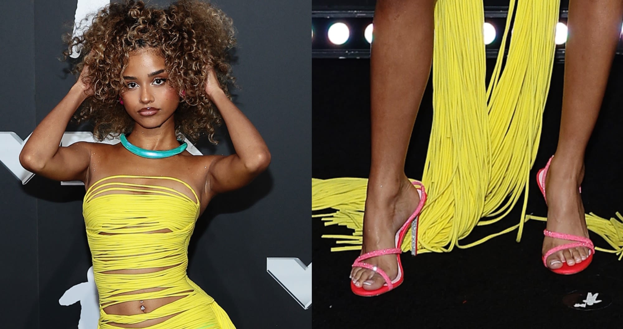 Tyla Wears Rene Caovilla Strappy Sandals for MTV VMAs 2024 Red Carpet